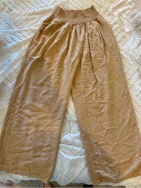 Tan Smocked Waist Women’s Wide Leg Flowy Pants